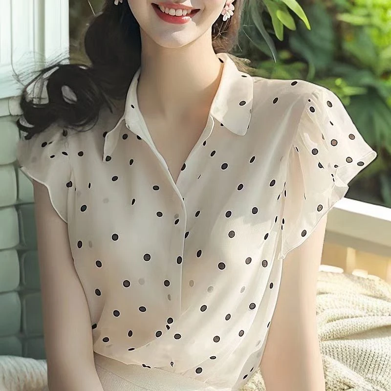 哥弟阿玛施正2025夏季新款优雅百搭气质白色波点翻领短袖衬衫女装
