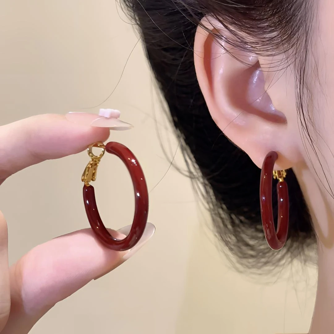 铜合金耳饰 法式时尚简约红色滴油耳圈通勤百搭小众日常复古精致