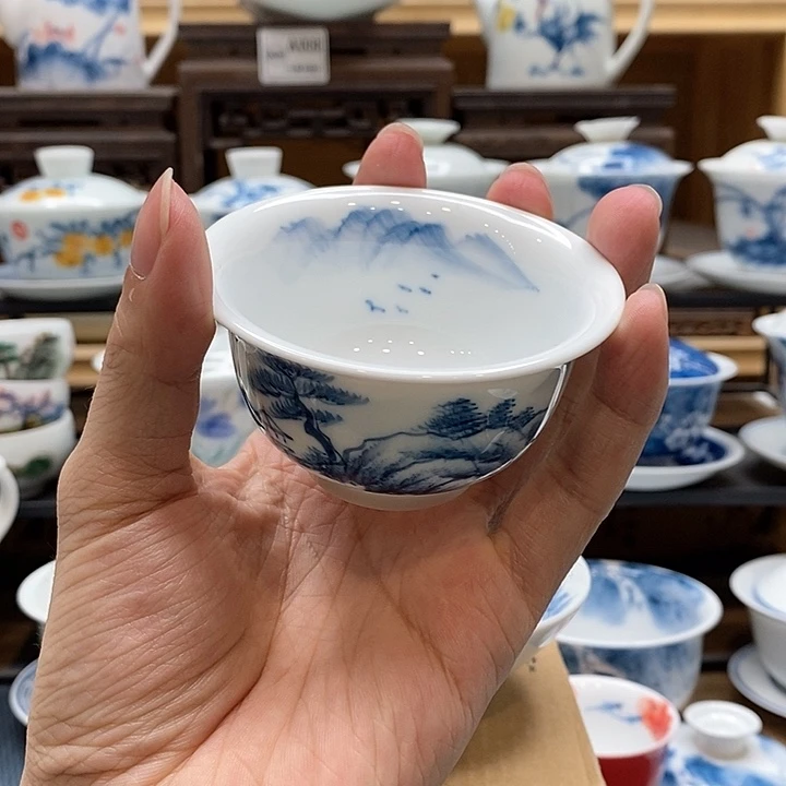 手绘山水压手杯85cc釉下彩微瑕福利款