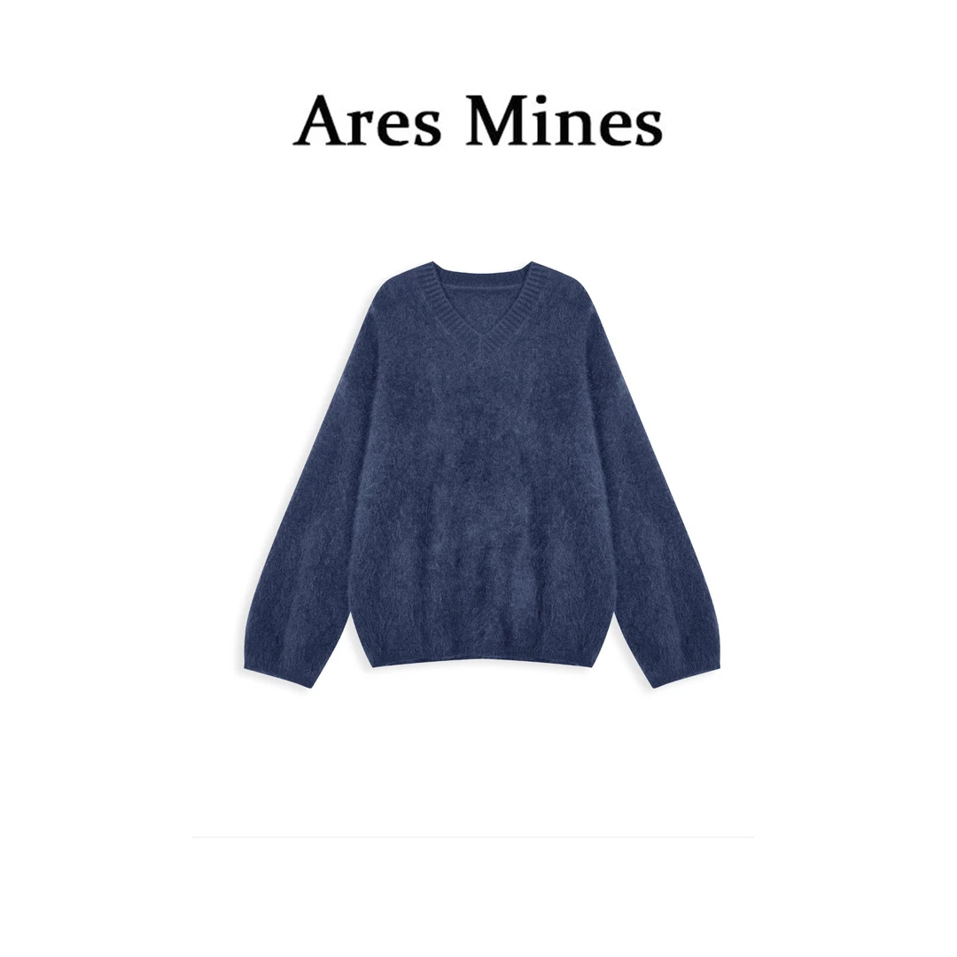 【盛朗熙Ares Mines】雾蓝絮语 满分wool长毛拉毛纯色V领宽松毛衣