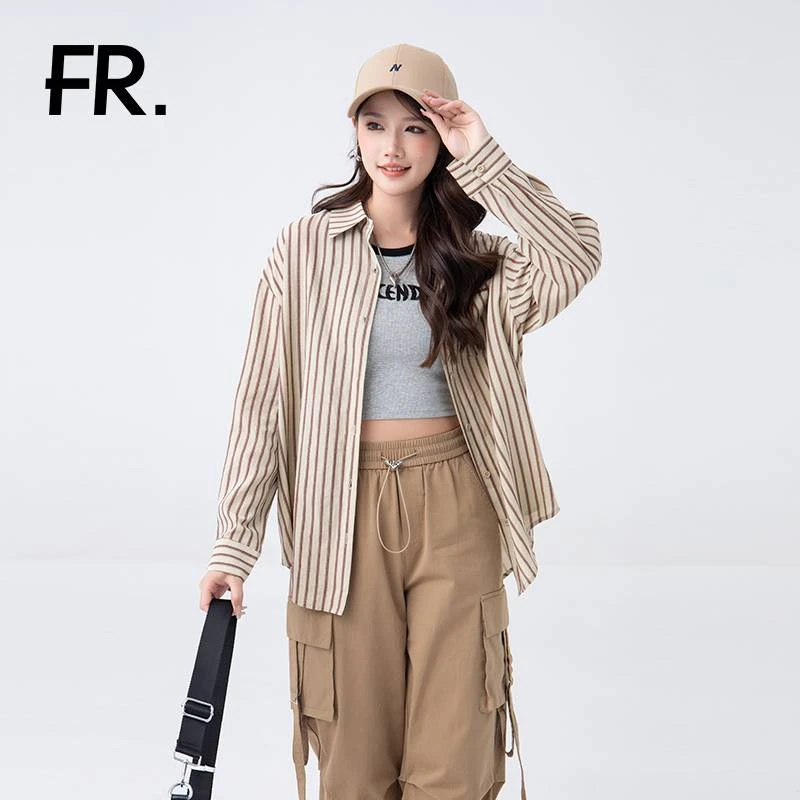 凡人优品女士复古条纹显瘦衬衫C042