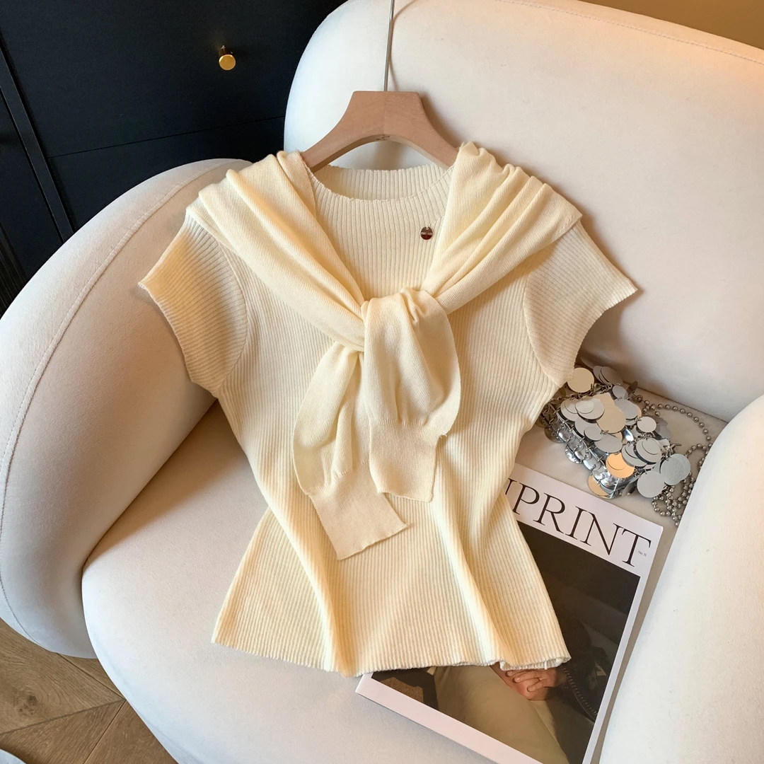 韩系chic独特漂亮纯色针织圆领披肩两件套早秋叠穿短袖气质上衣女