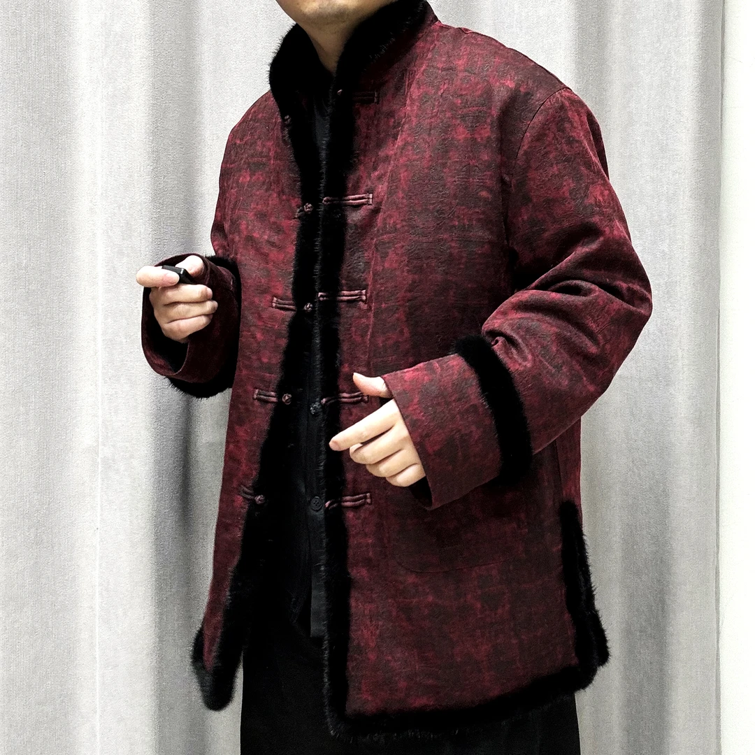 25151桑蚕丝男装唐装汉服新中式外套加绒加厚桑蚕丝内胆立领保暖