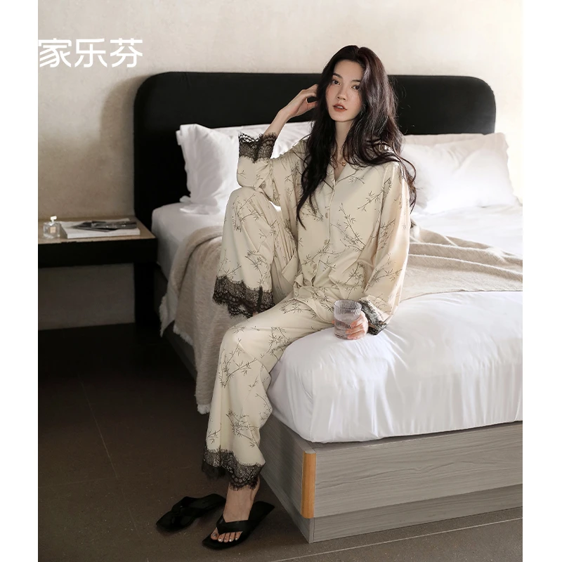 家乐芬睡衣女士春秋款秋季纯棉长袖家居服大码新中式国风蕾丝套装
