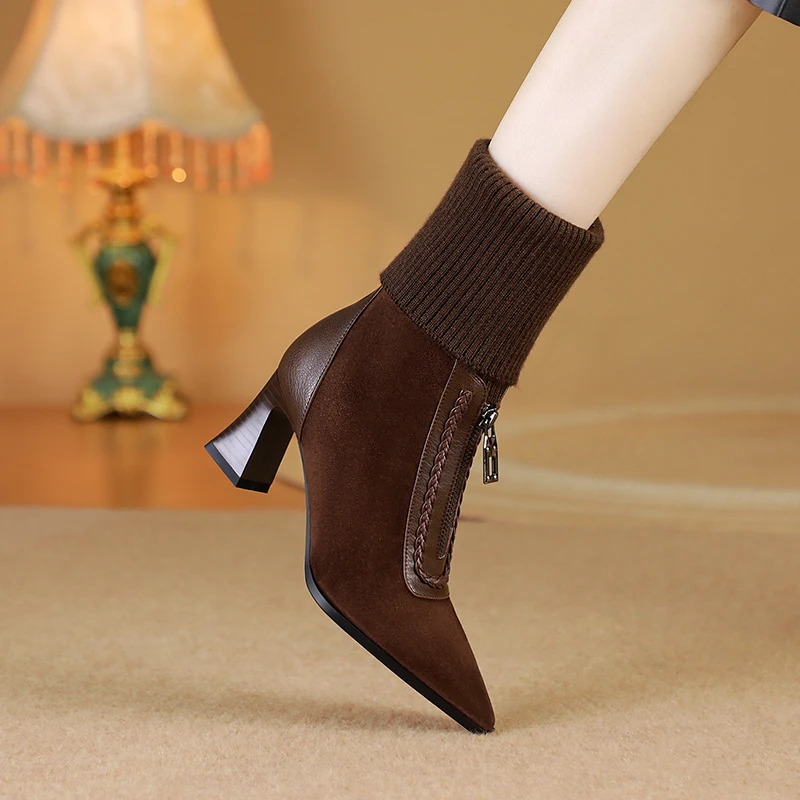 8909R冬季羊皮33/41复古方头气质针织毛线靴筒时装弹力袜靴羊猄皮
