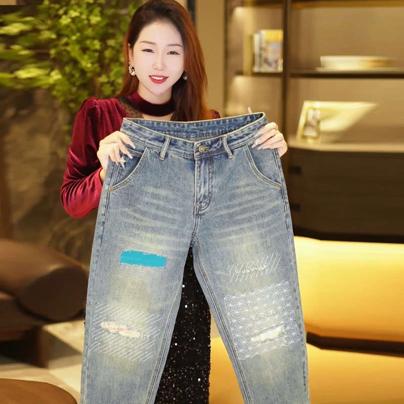 秋季美式破洞牛仔裤男宽松锥形哈伦补丁刺绣百搭潮牌裤子