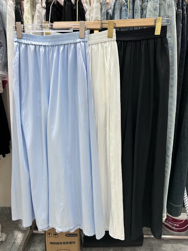 山本慵懒裤裙小个子褶皱肌理阔腿裤女夏垂感拖地直筒休闲裤