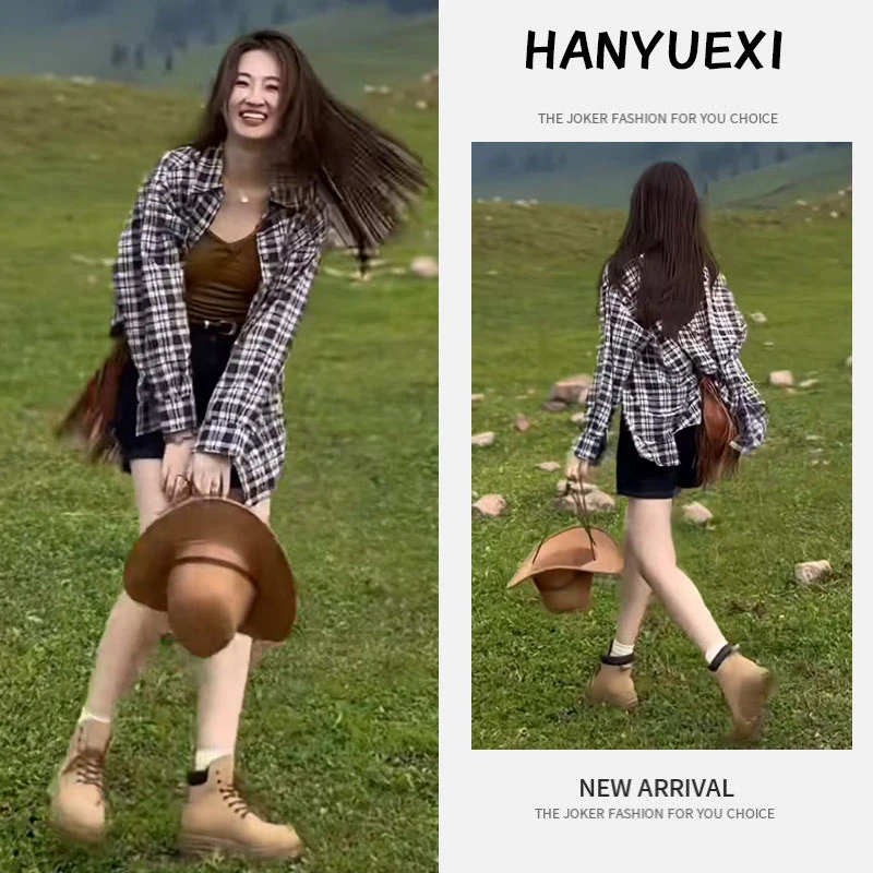 今年流行穿搭一整套2025新款格子长袖衬衫打底吊带牛仔短裤三件套