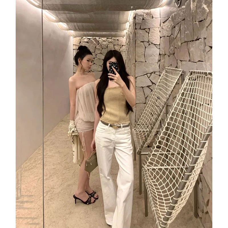 2025秋季新款ins法式小香风一字肩毛边抹胸背心女+白色高腰牛仔裤