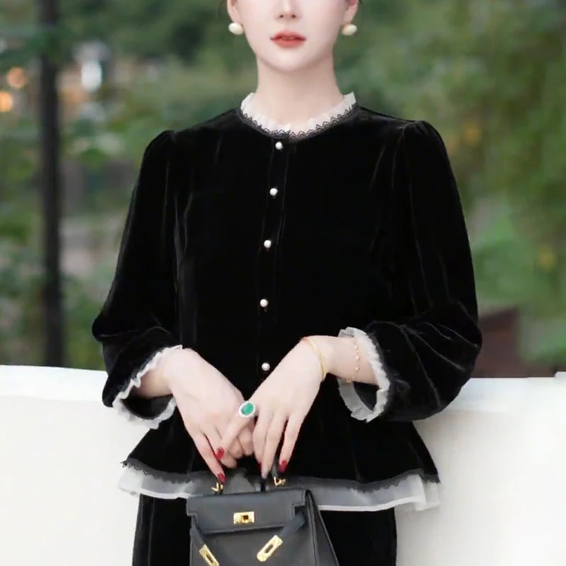 黑色丝绒荷叶边衬衫女2025秋季新款时尚休闲老钱风松弛感女装贵气