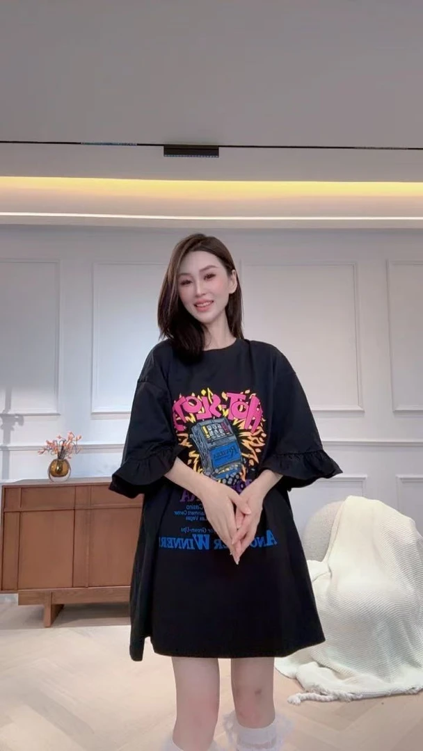 2025夏季新款木耳边设计感小众时尚减龄宽松版娃娃裙中长款T恤A99