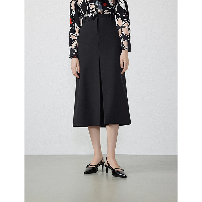 朗姿高级感黑色中长款半裙女2024年春季新款显瘦a字设计感半身裙