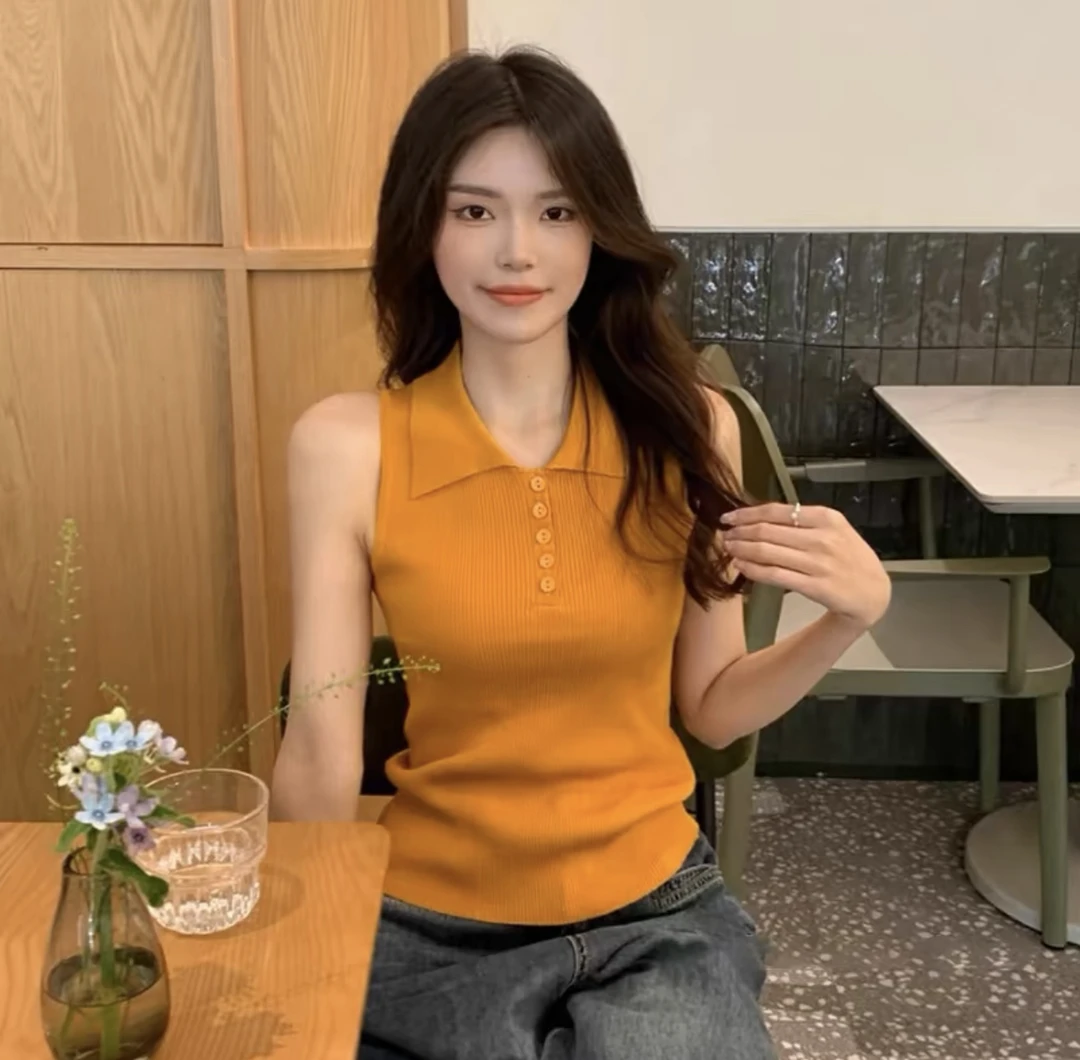 【现货】气质复古无袖POLO领背心女酒红色小众设计感修身针织上衣