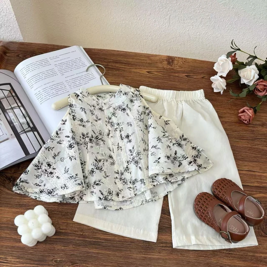 女小童2025无袖圆下摆碎花水墨花边套装夏女童两件套SJ-R-B133