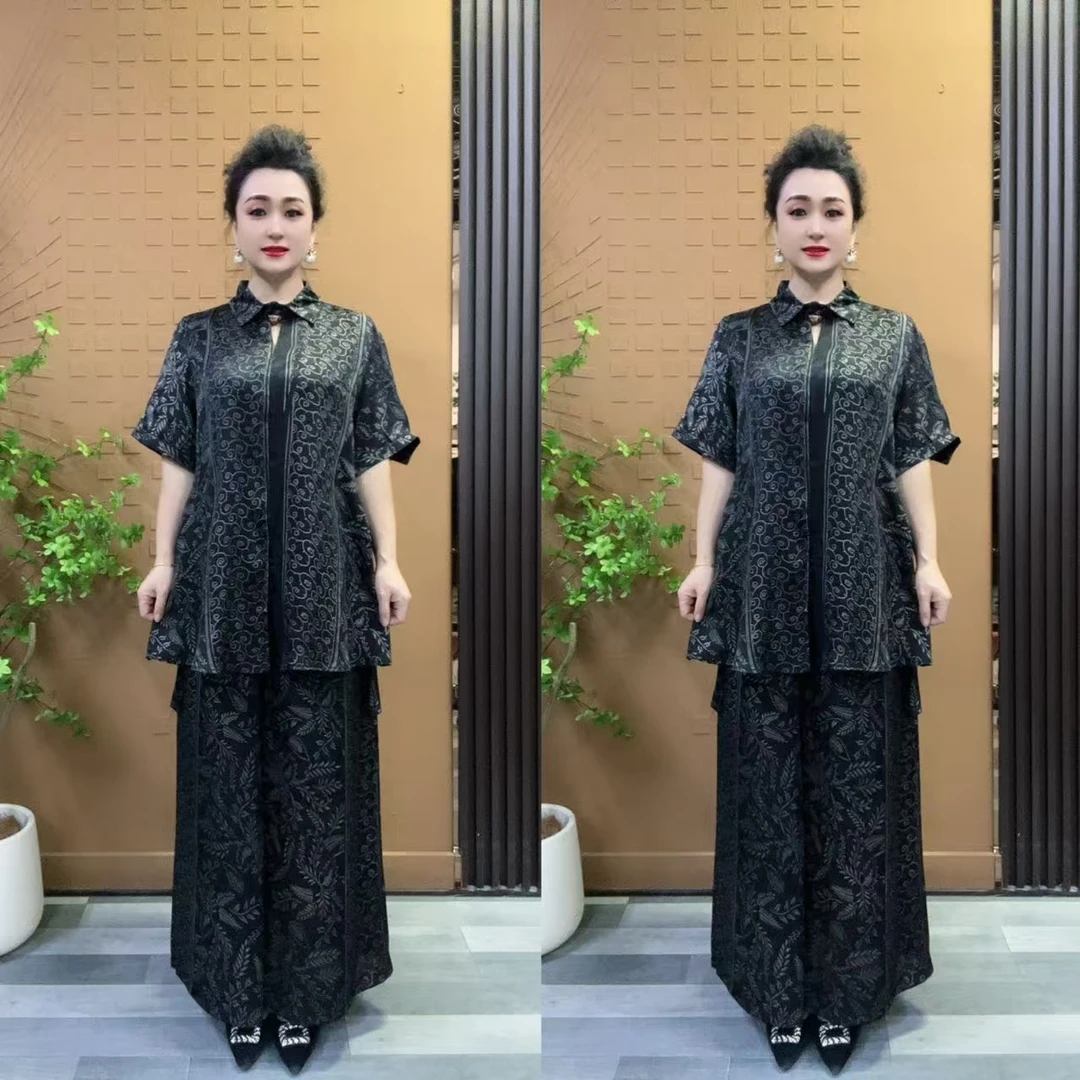 020款春夏妈妈装休闲翻领气质套装中老年女装宽松显瘦两件套装