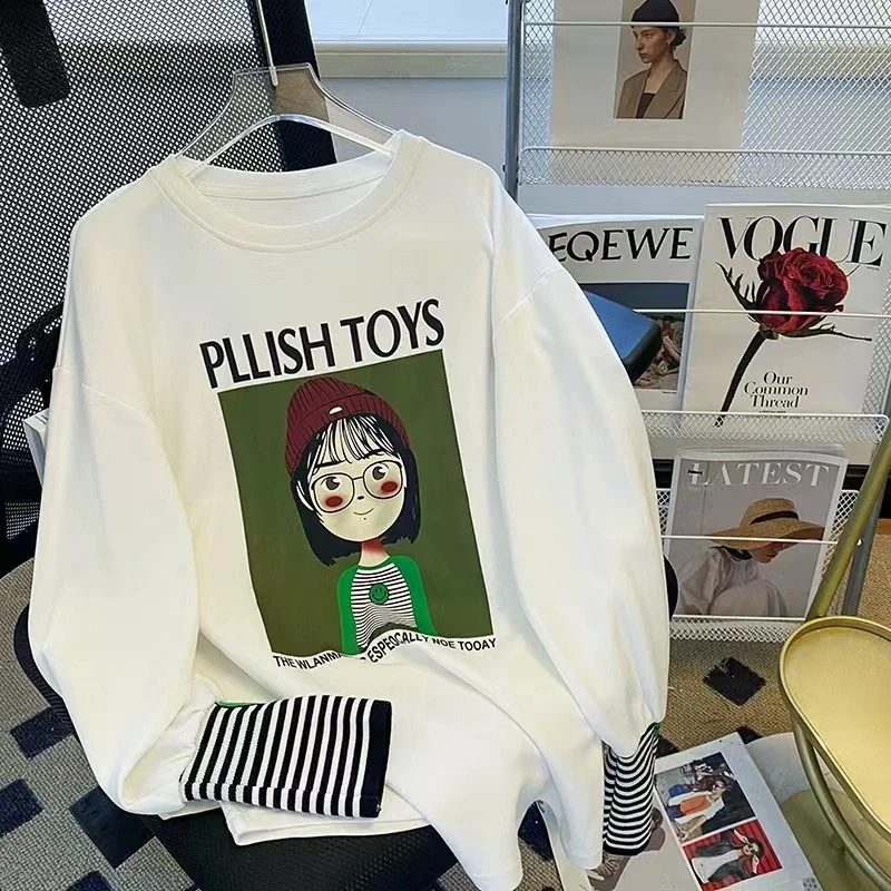 【绿女孩】新款打底衫 拼接袖 打底白色T恤气质长袖时尚