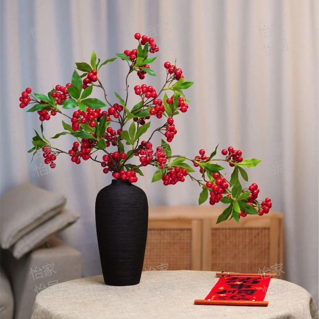 【高货冬青果】仿真带叶冬青花创意玄关专用陶瓷仿真花高档摆件