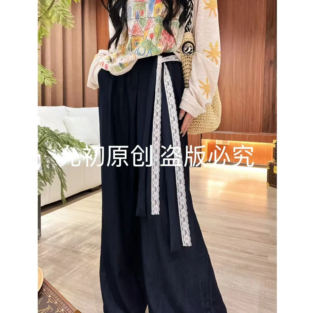 韩系小众夏季蕾丝飘带拼接阔腿裤宽松高腰休闲垂感长裤YUNCU-7229
