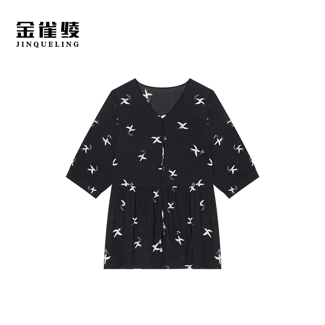 金雀绫【花鸟集】桑蚕丝V领印花休闲显瘦衬衫SZA1S087