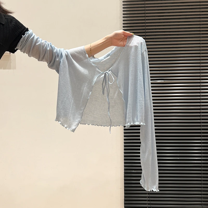 蓝色薄款短款防晒长袖罩衫女夏季新款时尚木耳边绑带开衫短款上衣
