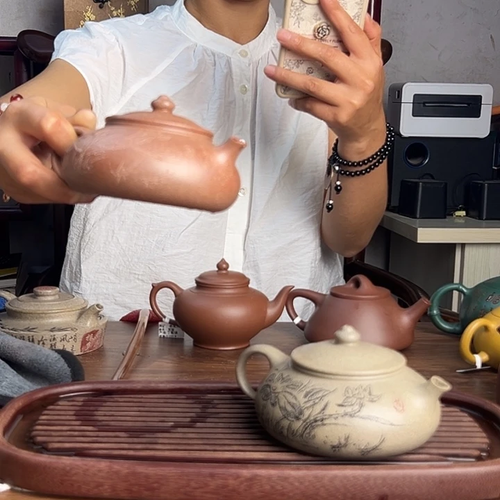 茶壶紫砂原矿桃花泥红色刻绘寒江紫砂壶