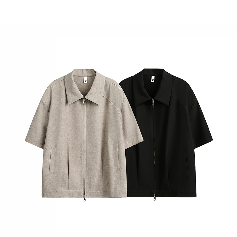 cleanfit高级感老钱双拉链夹克夏季廓形垫肩半袖宽松简约短袖衬衫