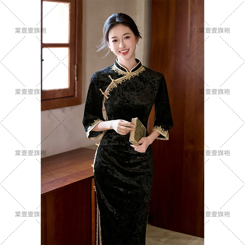黑色丝绒旗袍秋季新款七分袖新中式轻奢高级感苏州改良女装连衣裙