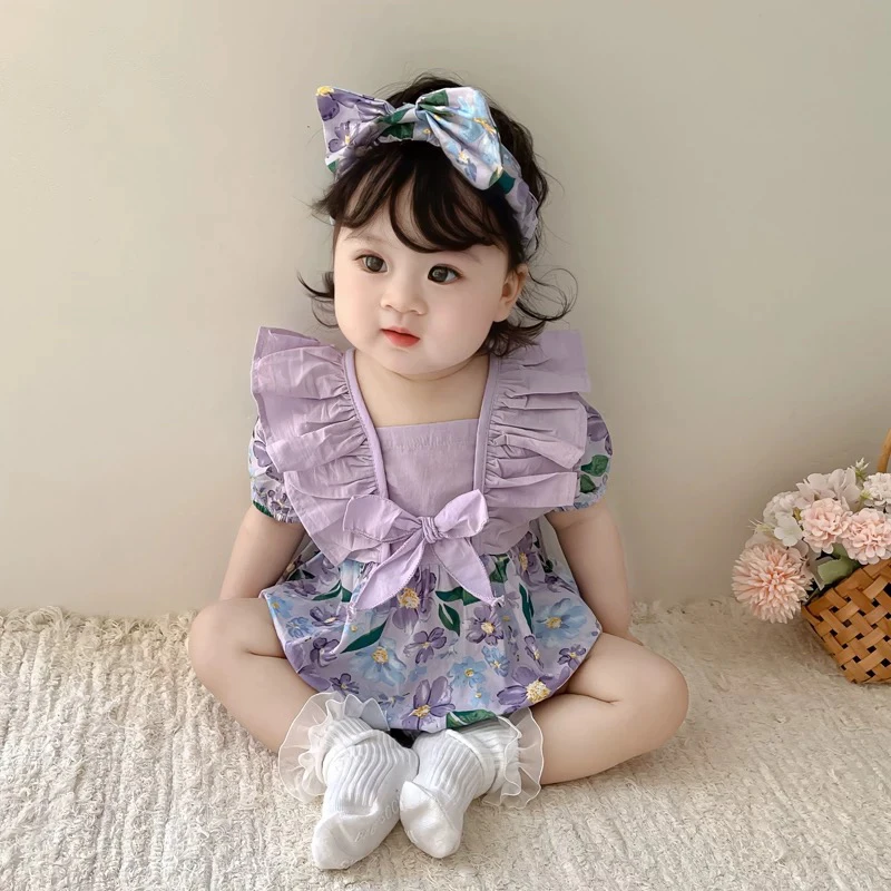 女宝宝可爱清新夏款包屁衣背心连体衣薄款女海棠花短袖漂亮包屁衣