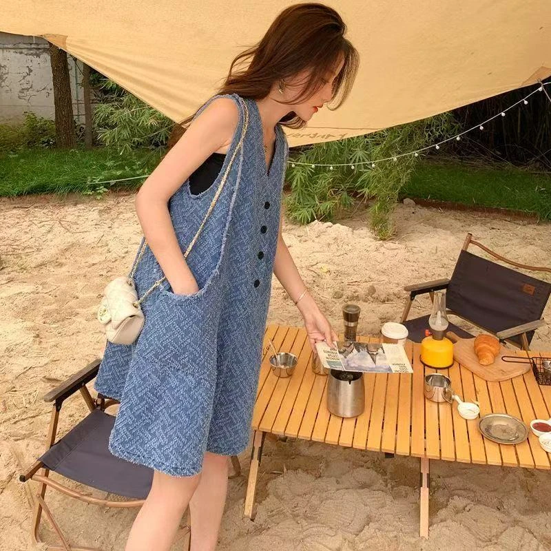 无袖背心牛仔连体裤女夏V领韩版宽松显瘦气质高级感小个子连衣裤