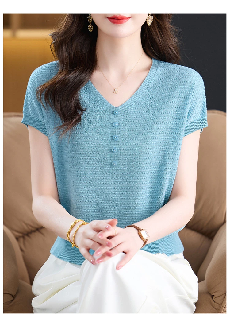 2025夏季新款纯色V领短袖t恤女时尚洋气短袖针织衫