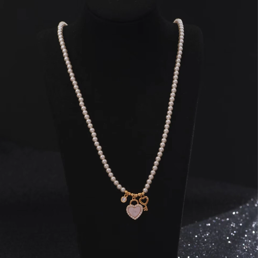 铜合金项链 《货号9430》爱心钥匙串珠锁骨链颈链项链（链长40+5）