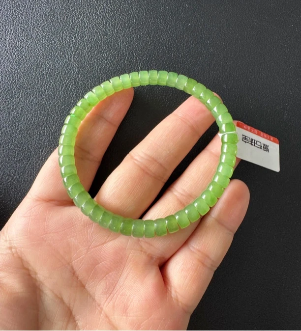 【高冰娇艳苹果绿无矿点】俄老料碧玉乌兰海约4*6mm算盘珠单圈手串