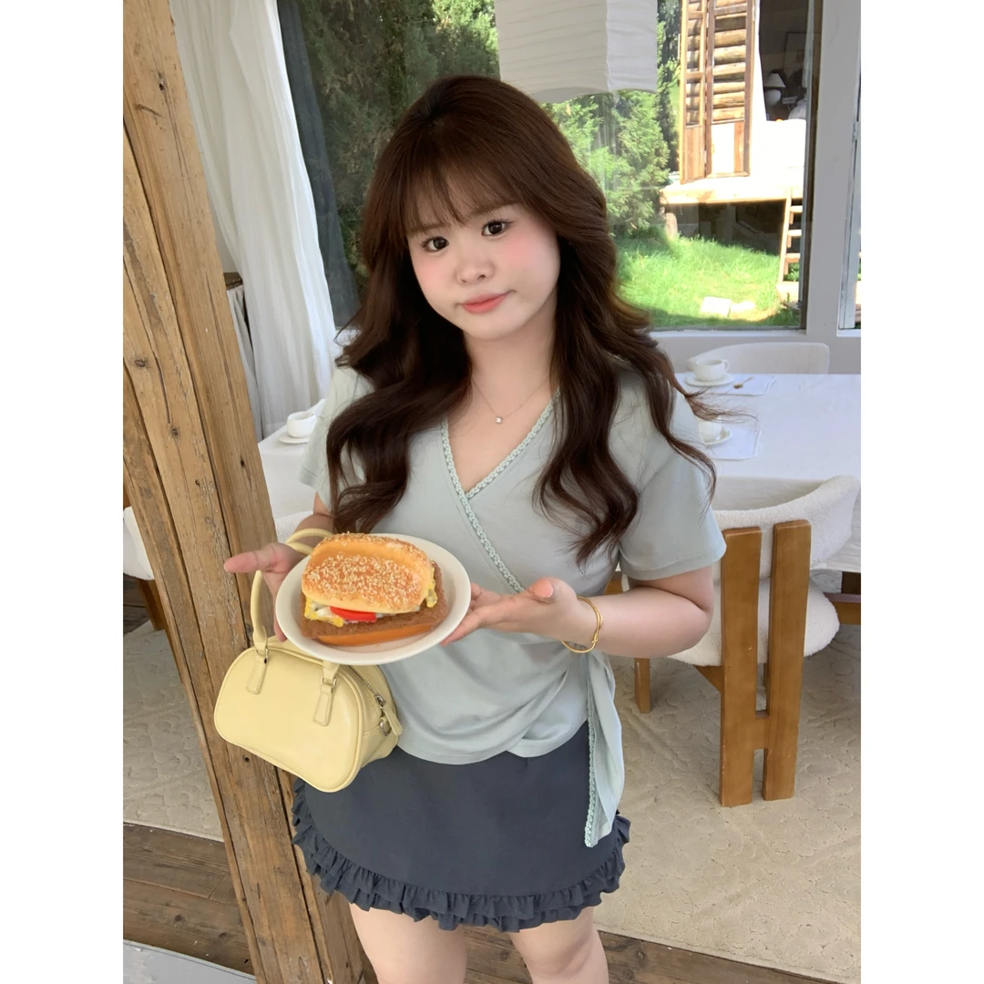 【韩女氛围感】大头婷微胖夏季T恤V领花边收腰绑带短袖上衣