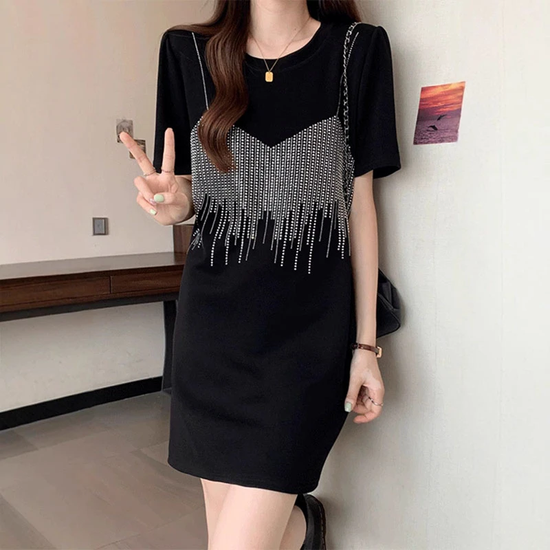 50217#镂空圆领中长裙夏季大码连衣裙松紧腰常规高腰百搭