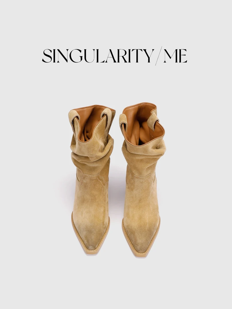 Singularity Me 粗跟牛反绒保暖复古小方头女褶皱西部短靴6S 8400