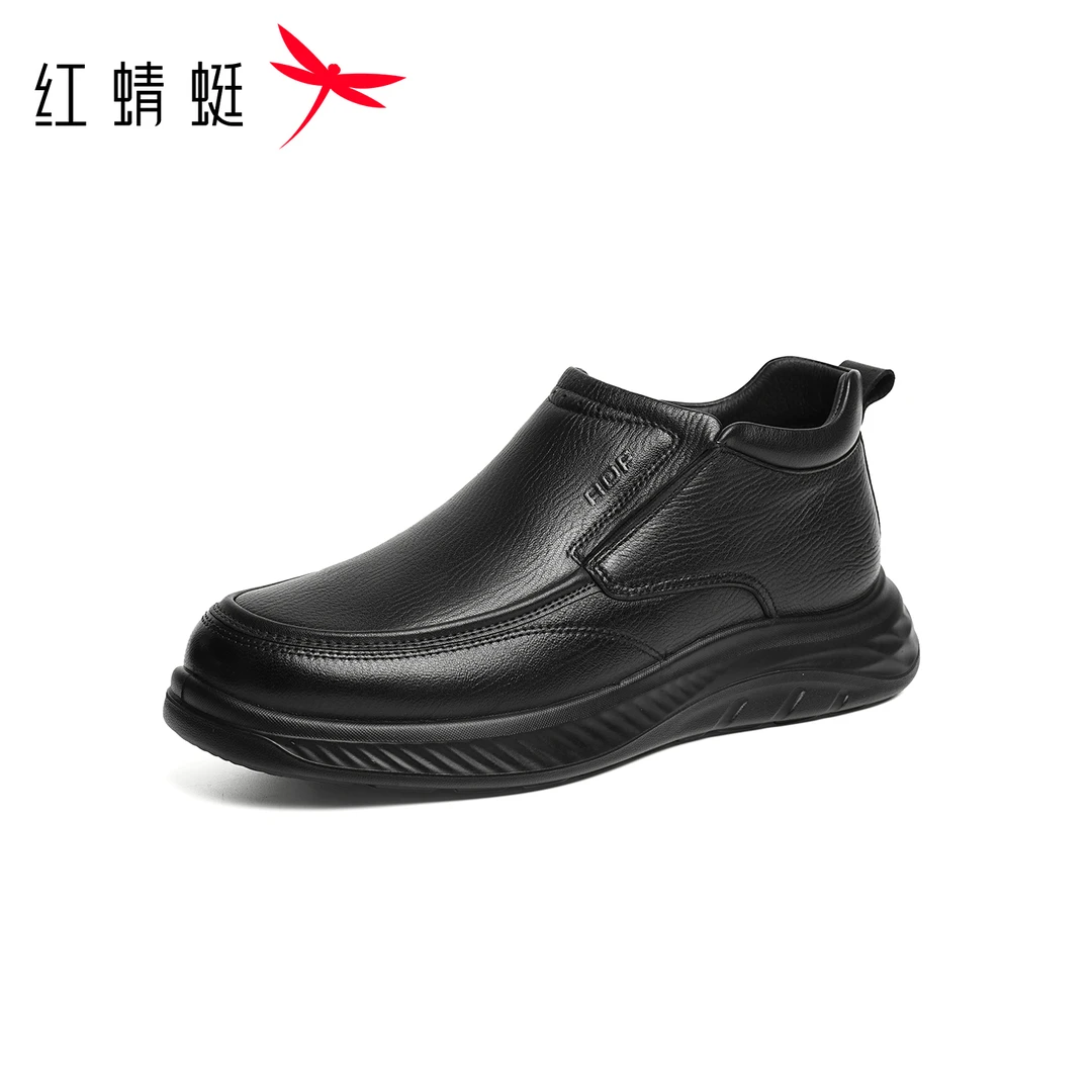 红蜻蜓高帮鞋2025秋冬新款男鞋羊皮一脚蹬套脚爸爸棉鞋休闲皮鞋男