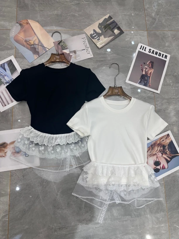 南油超显瘦辣妹短款T圆领修身蕾丝百搭