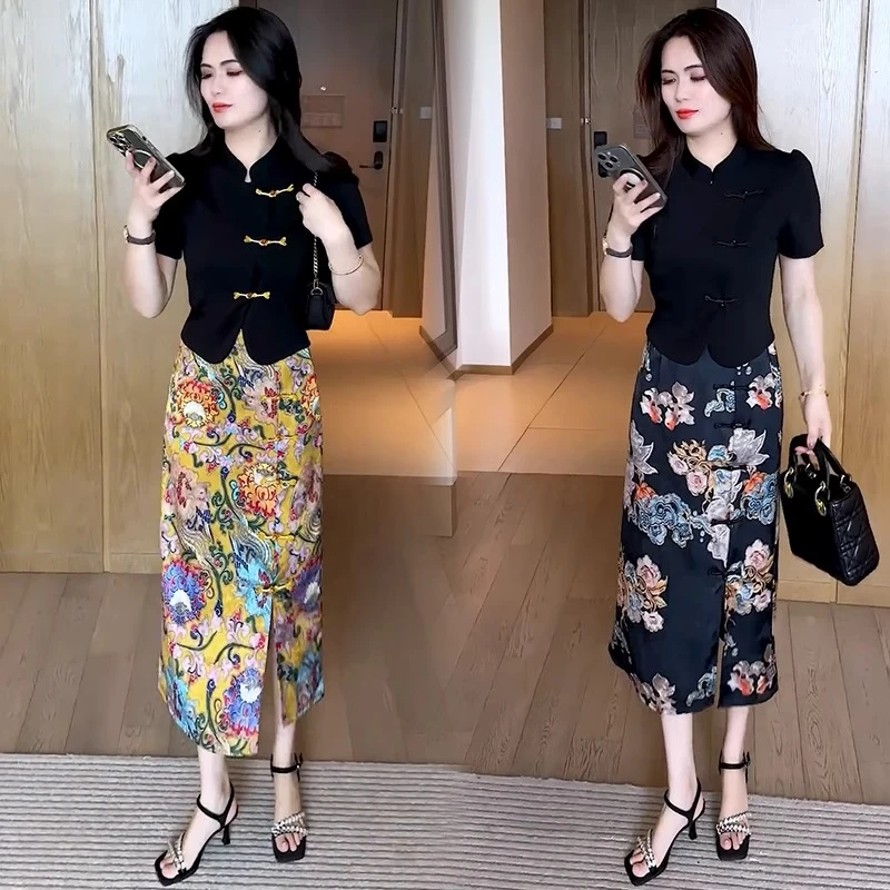 新中式国风时尚套装女2025新款洋气显瘦盘扣短袖提花半身裙两件套