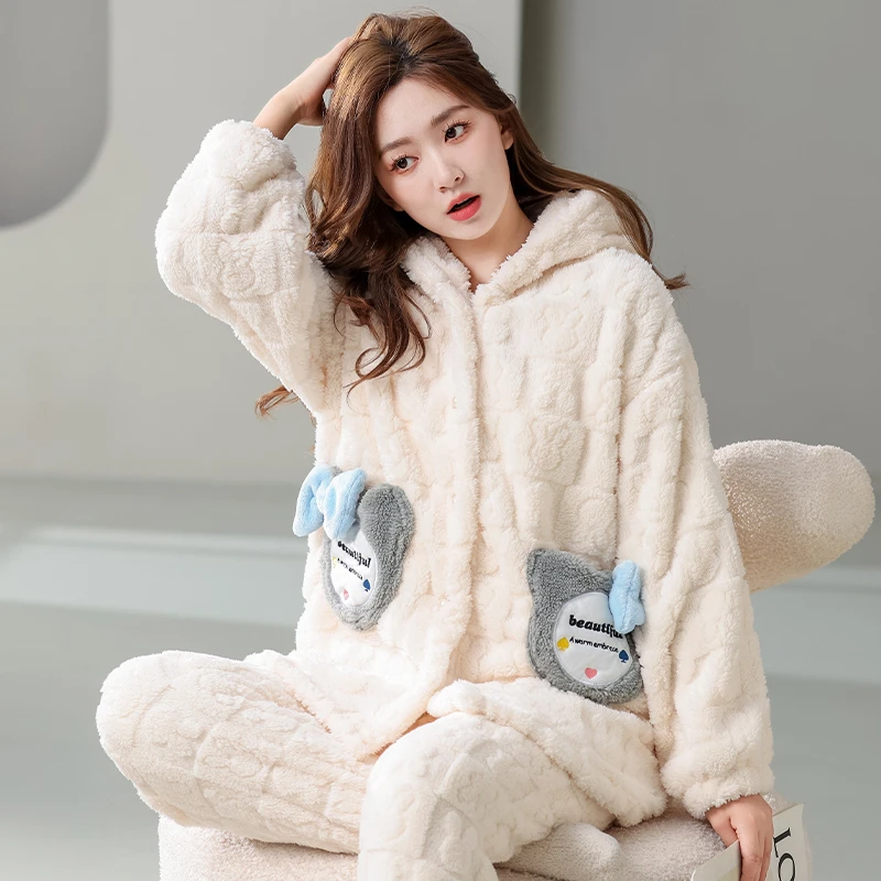 珊瑚绒睡衣女新款加绒加厚法兰绒睡衣保暖可爱可外穿家居服套装女