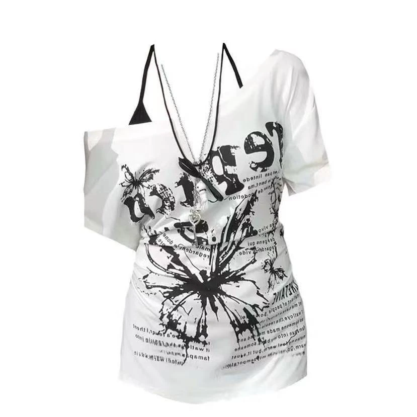 大宝家《夏季突围》美式复古辣妹蝴蝶印花斜肩短袖T恤宽松绑带上衣