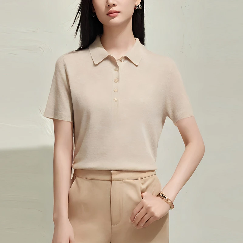 山羊绒针织衫短袖简约显瘦女薄款不褪色套头款毛针织衫