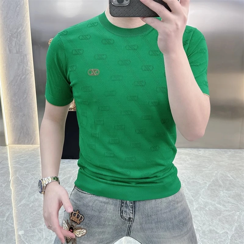 欧货轻奢高品质短袖T恤男针织冰丝时尚休闲百搭半袖纯色上衣25271