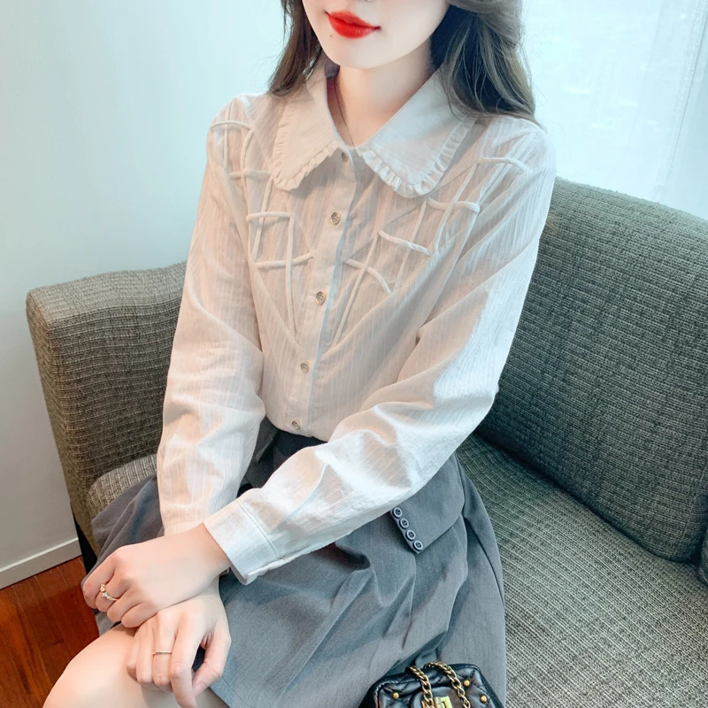 春秋季2025年新款白色纯棉衬衫女洋气全棉衬衣设计感小众长袖上衣