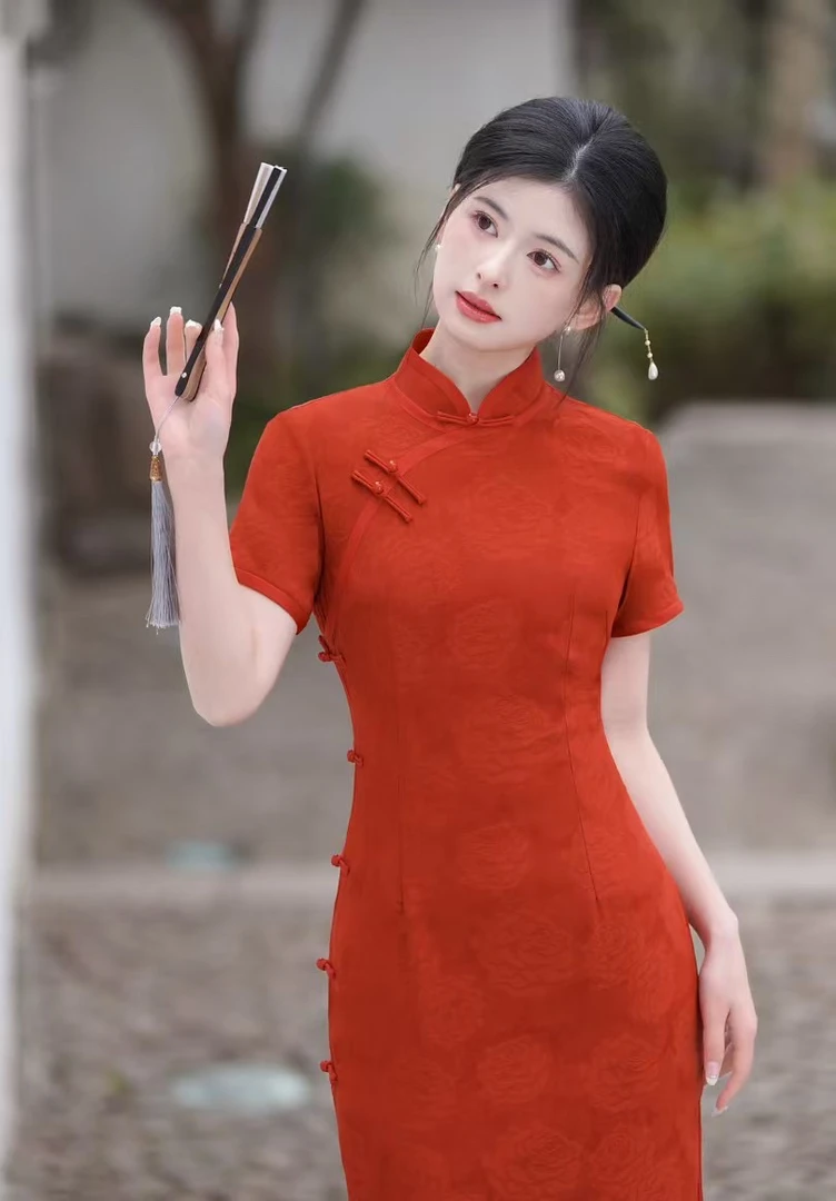 花【宫墙红】夏季高端新款缎面提花夏天送考2025日常.喜婆婆旗袍