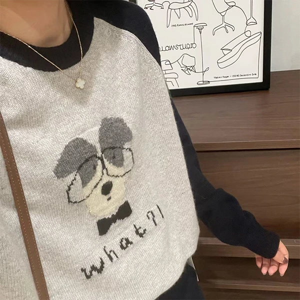 【插肩袖拼色眼镜狗提花长袖】针织衫宽松显瘦休闲时尚百搭