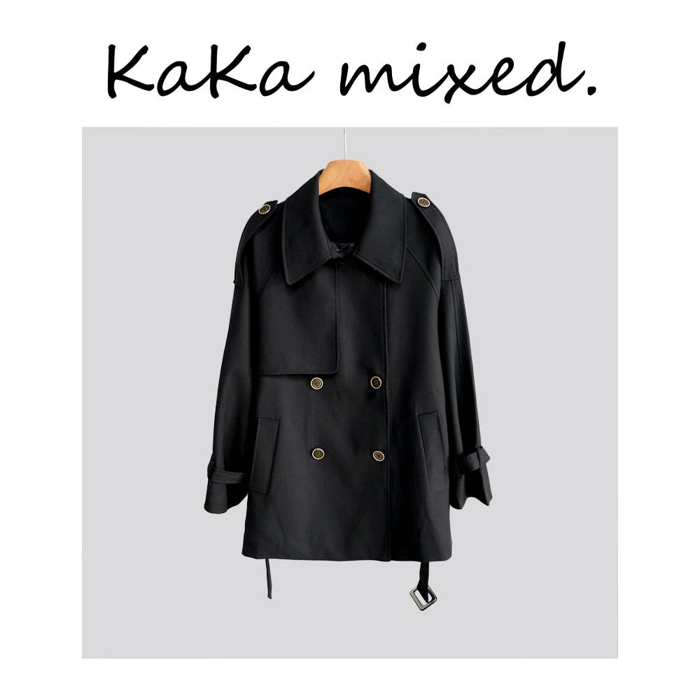 黑色双排扣风衣中长款带束腰