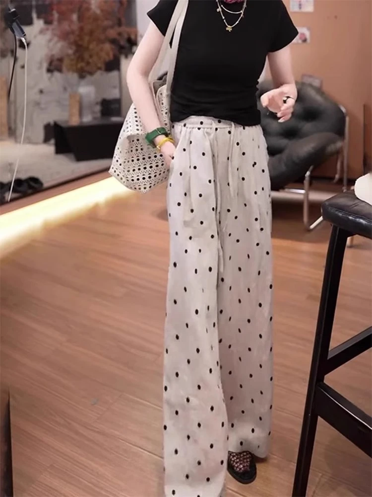 波点天丝亚麻裤女2025夏季新款松紧腰显瘦时髦洋气百搭减龄休闲裤