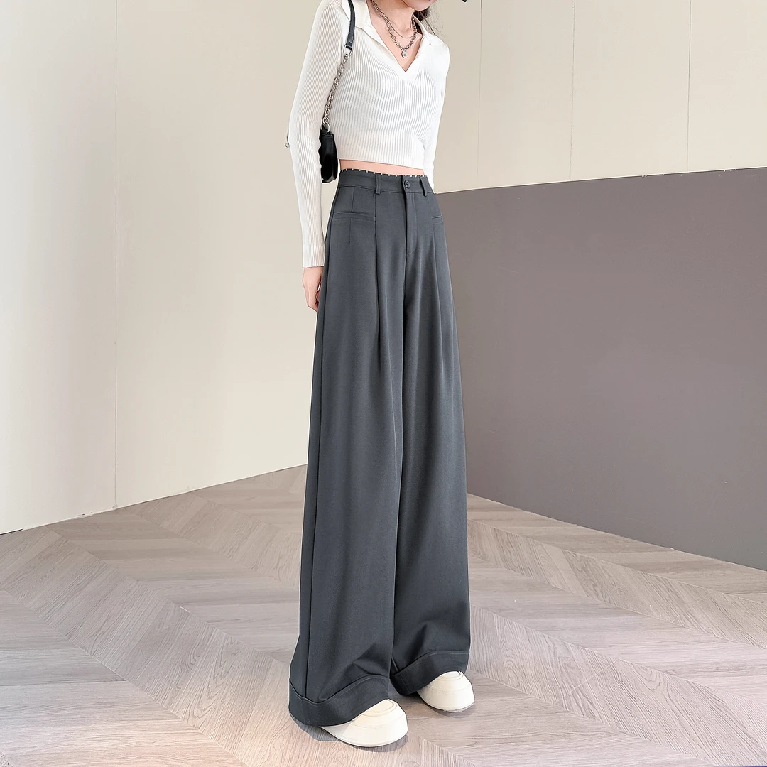 灰色西装阔腿裤女款爆款2025新款高腰垂坠感小个子宽松慵懒休闲裤