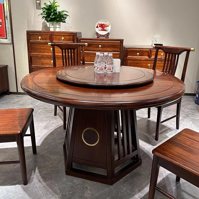 W808#乌金木实木圆桌餐桌带转盘尺寸可选新中式风格