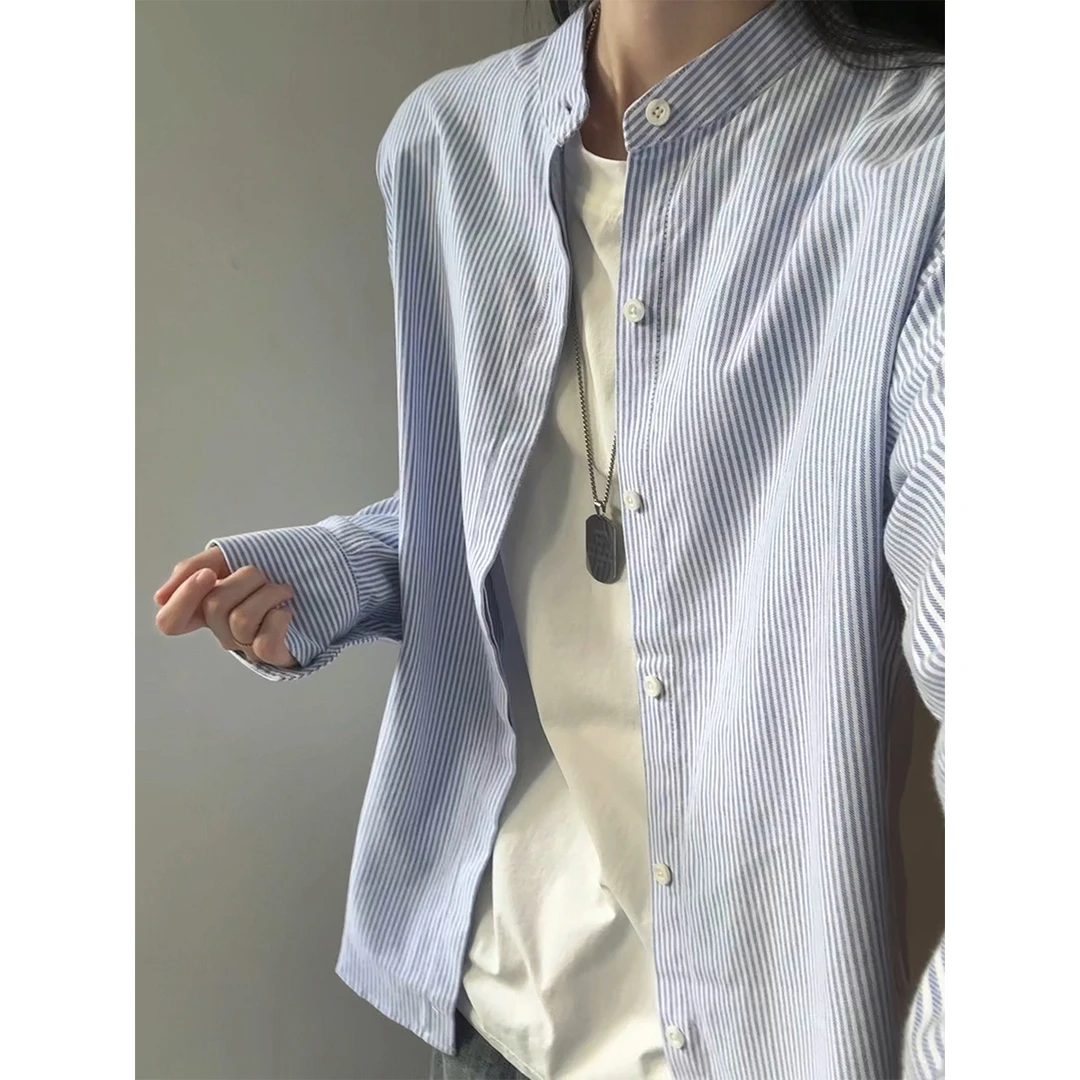 春秋款蓝白条纹长袖衬衫男2025秋季新中式立领衬衣外套高级感痞帅